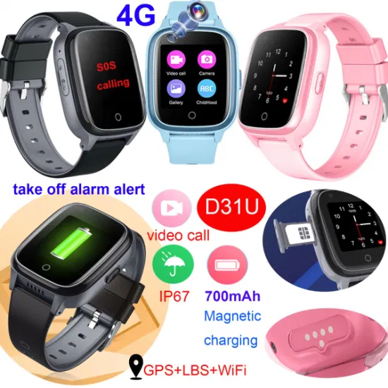 China factory 4G IP67 Waterproof Removal Alarm Smart Kids Cell Phone GPS Tracker Watch with Video Call for Child Security D31U